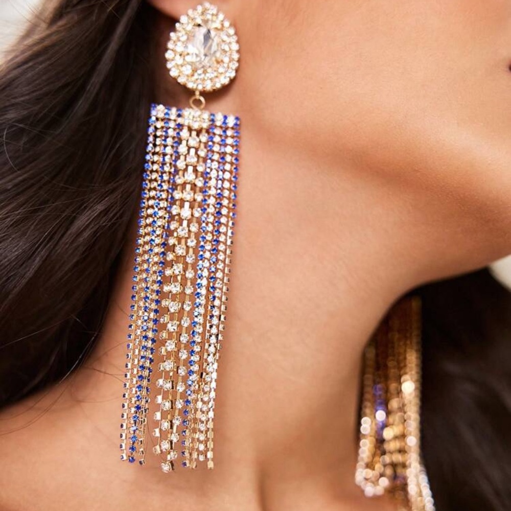 New Gold and Blue Crystal Dangle Earrings